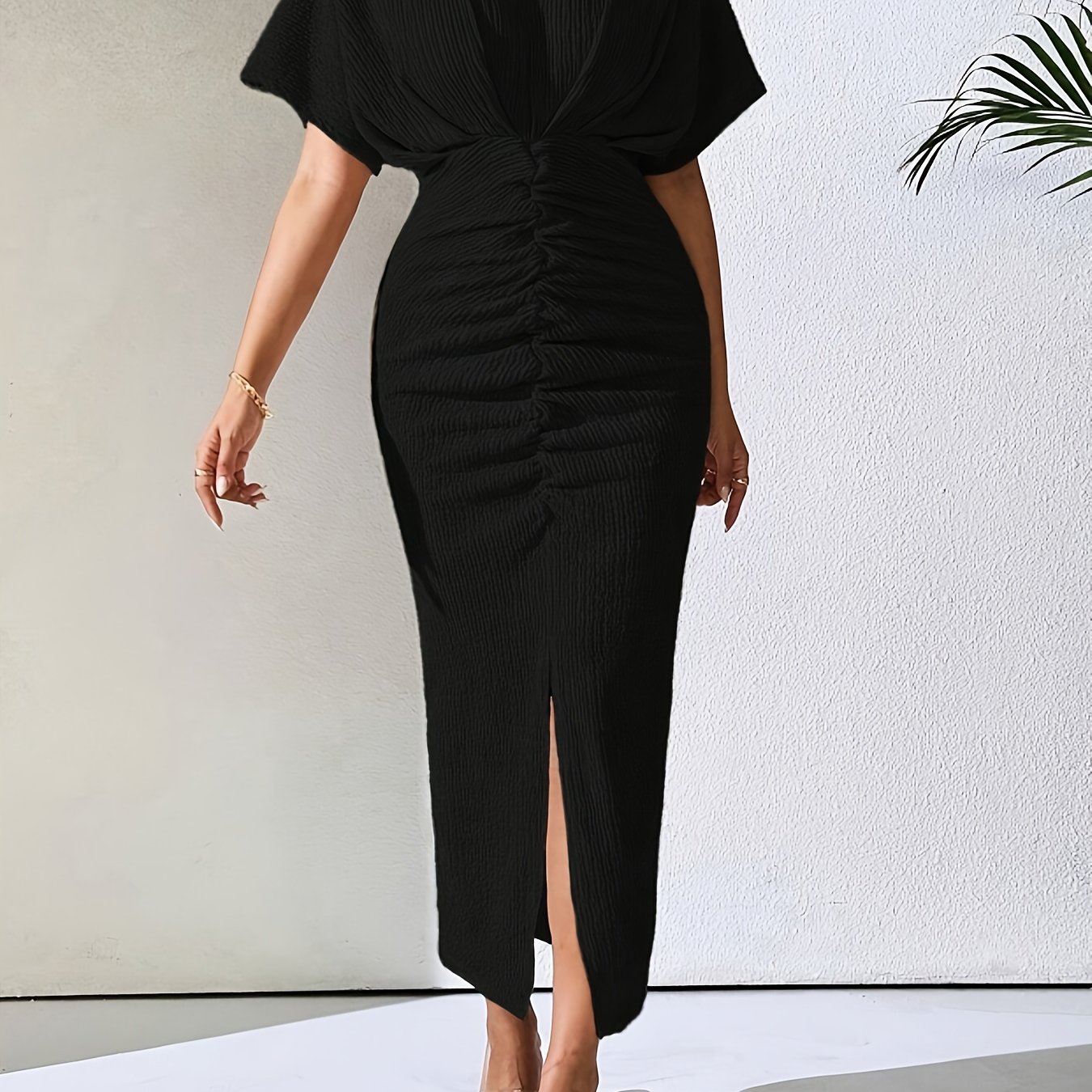 TEMU Yy0514056 Textured Short Sleeve Batwing Maxi Dress, V-neck Ruched Elegant Long Gown