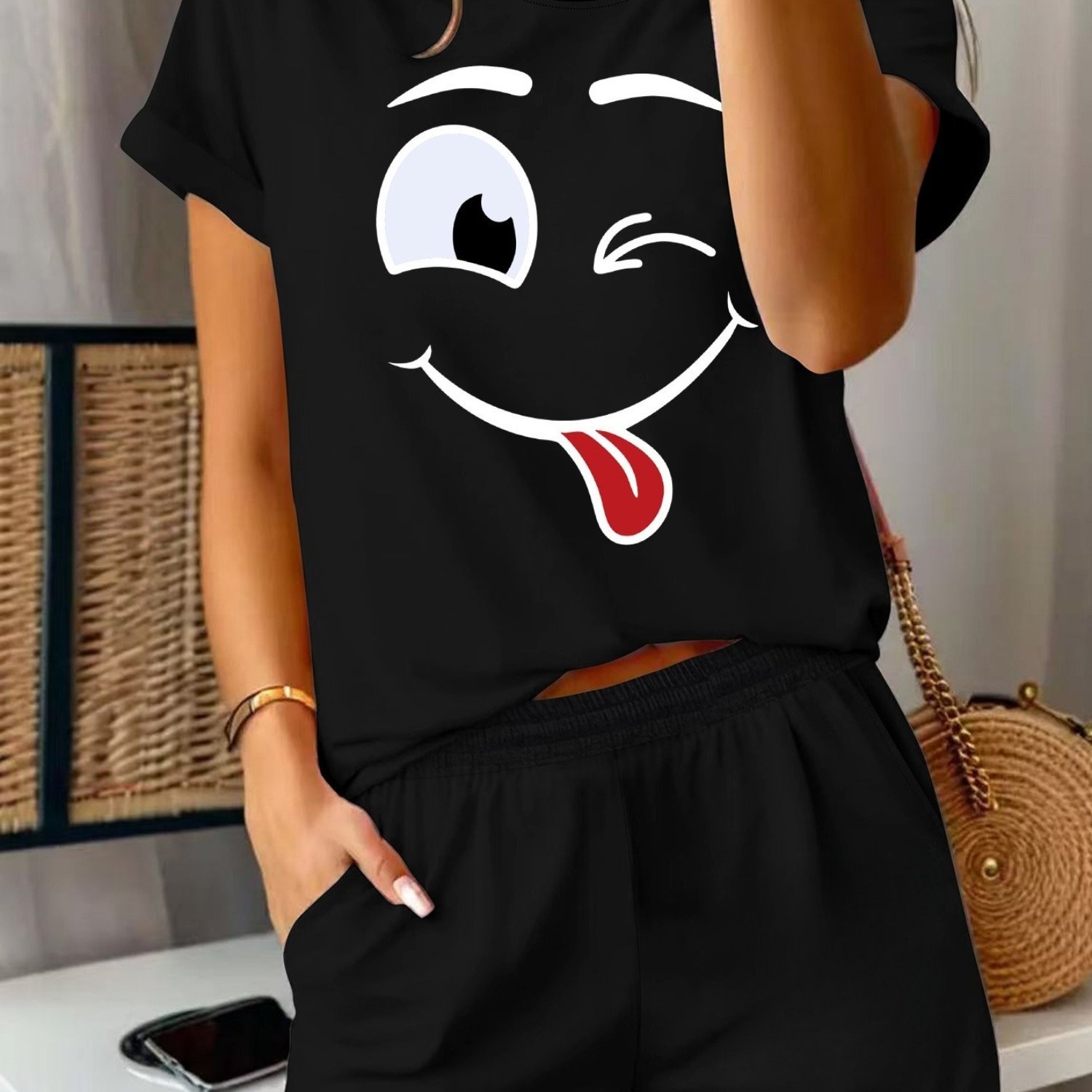 Image of Plus Size, Casual Women's T-shirt, Print() Light Gray, Black, White, Short-sleeved, Round Neck, With Pockets, Perfect For Casual Spring/summer Wear.| Top With Print| Kurzarmshirt