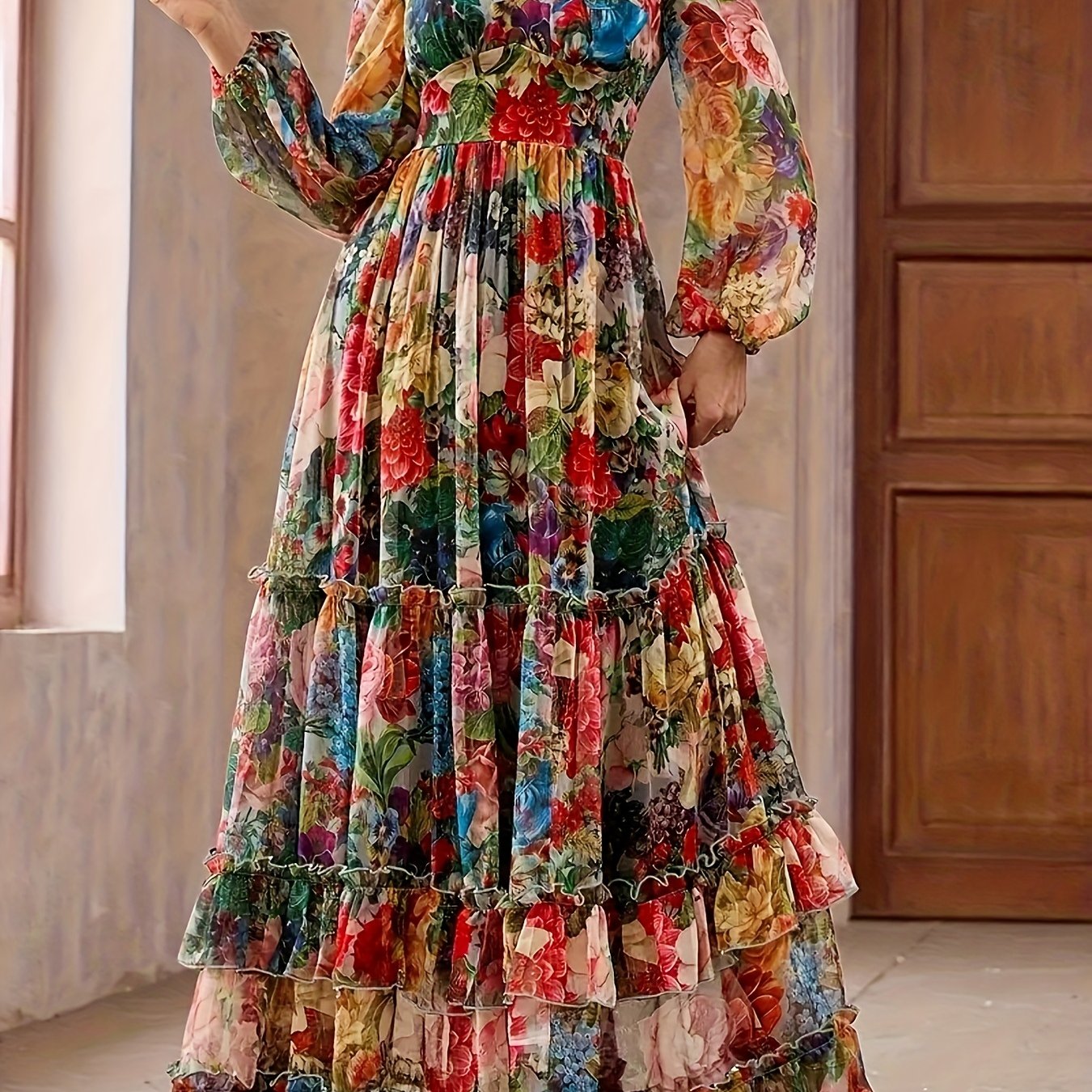 TEMU Fashionable, Romantic, And Elegant Women's Printed V-neck Lantern Sleeve High-waist Slim-fit Extra-long Spliced Maxi Skirt Hem Elegant Dress