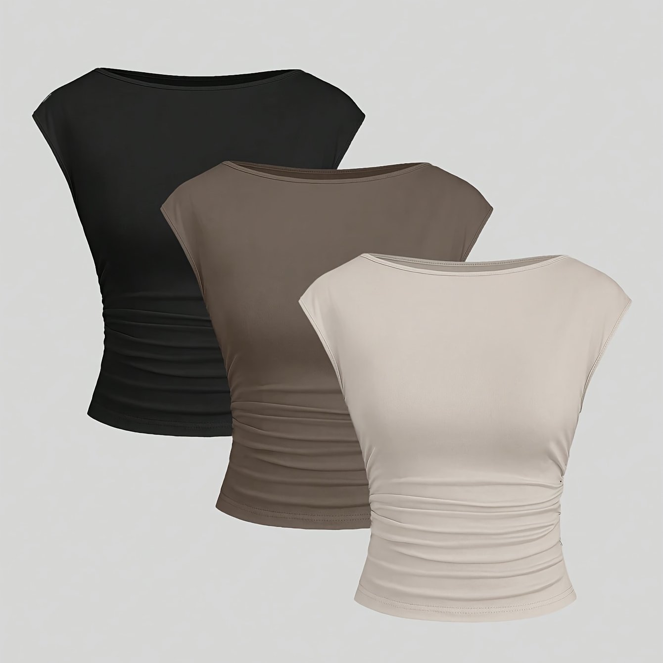 E-shop 3er-Set Damen Slim-Fit Kurzarmbluse/Anzug - Elegante asymmetrische Säume, Uni-Farben (Farben), Mitteldehnbares T-Shirt - Frühjahr/Sommer
