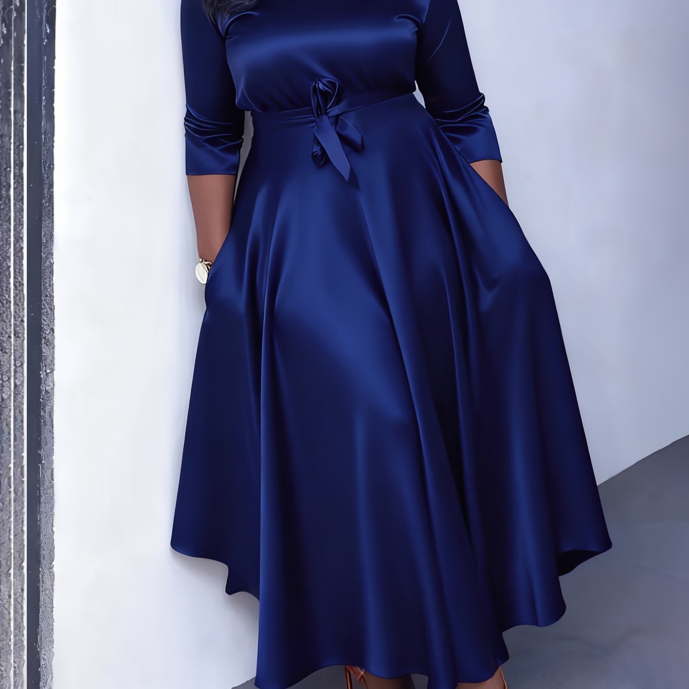 TEMU Western Fashion Temperament Solid Round Neck Three-quarter Sleeve Dress