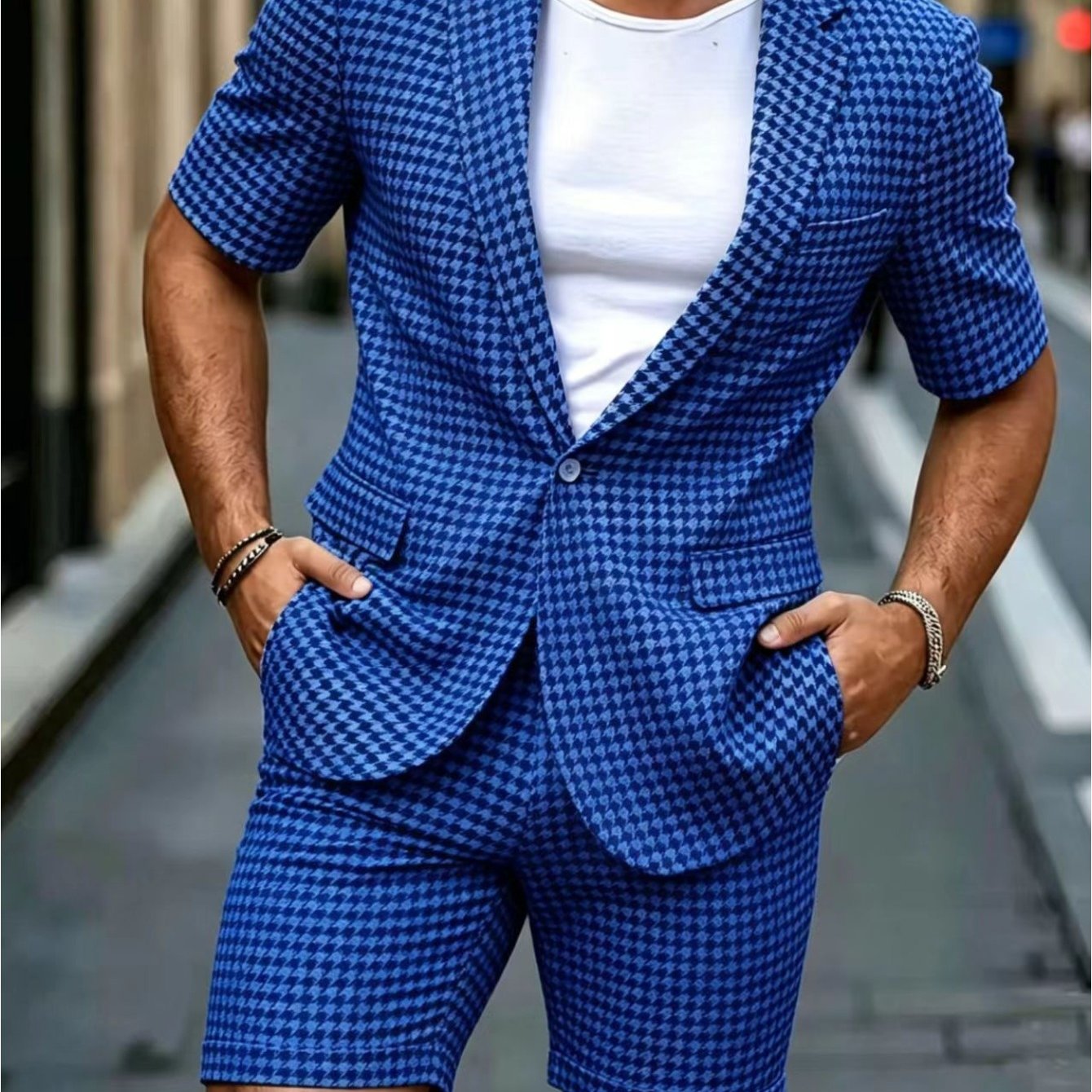 Image of 2pcs Men's Suit Fashion Suit, Bird Grid Single Button Short Sleeved Suit Jacket And Matching Shorts Set, Summer Casual Business Banquet Party