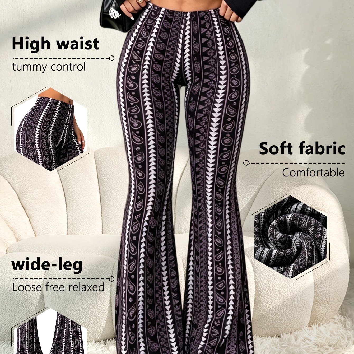 TEMU Paisley Printed Casual Flared Pants, Sexy High Waisted Taboo Pants