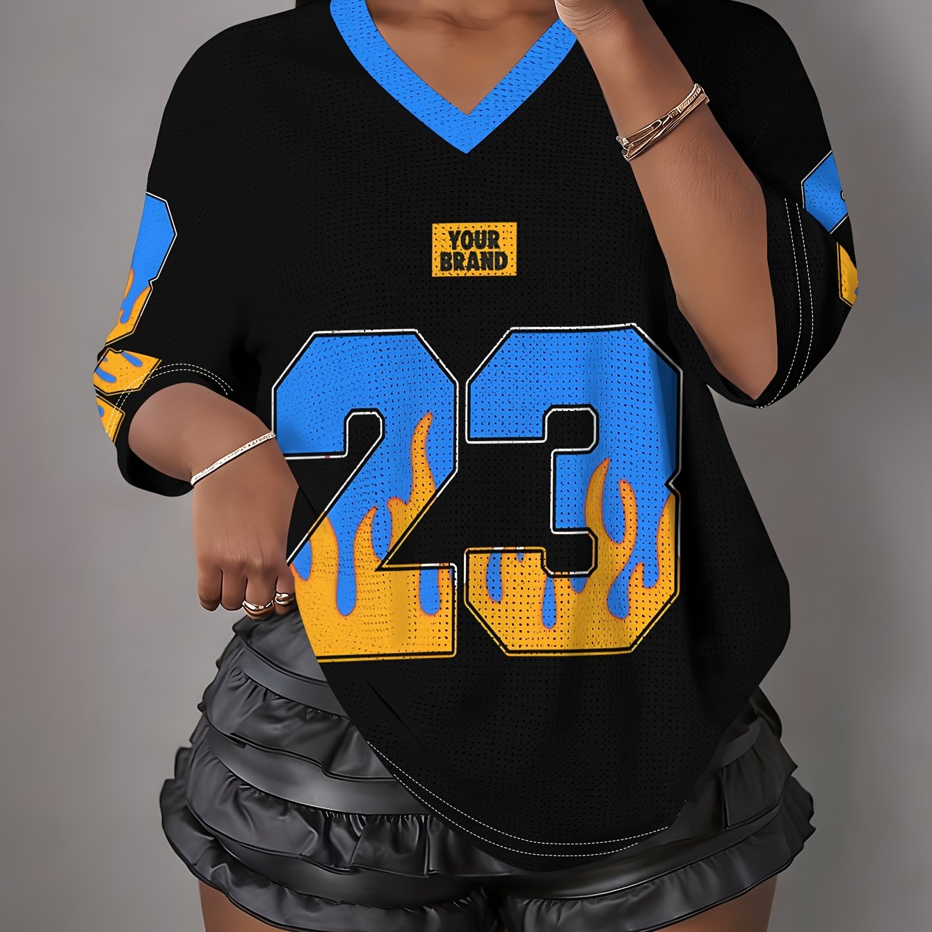 TEMU Black And Blue Color- Flame, Number 23 American V-neck Mesh Short-sleeve Streetwear Top