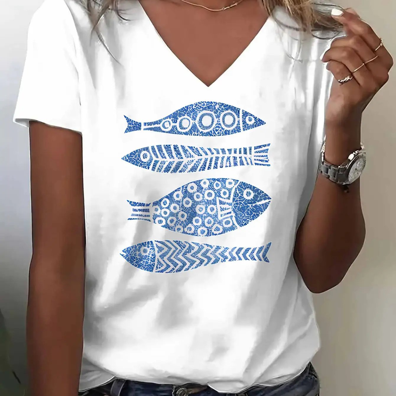 Women's Casual V-neck Short Sleeve T-shirt- Blue Fish Print, Standard Size, Machine Washable And Dry , , Loose Top, Durable Fabric, High-quality Printed Shirt, Comfortable Wear, Fashion