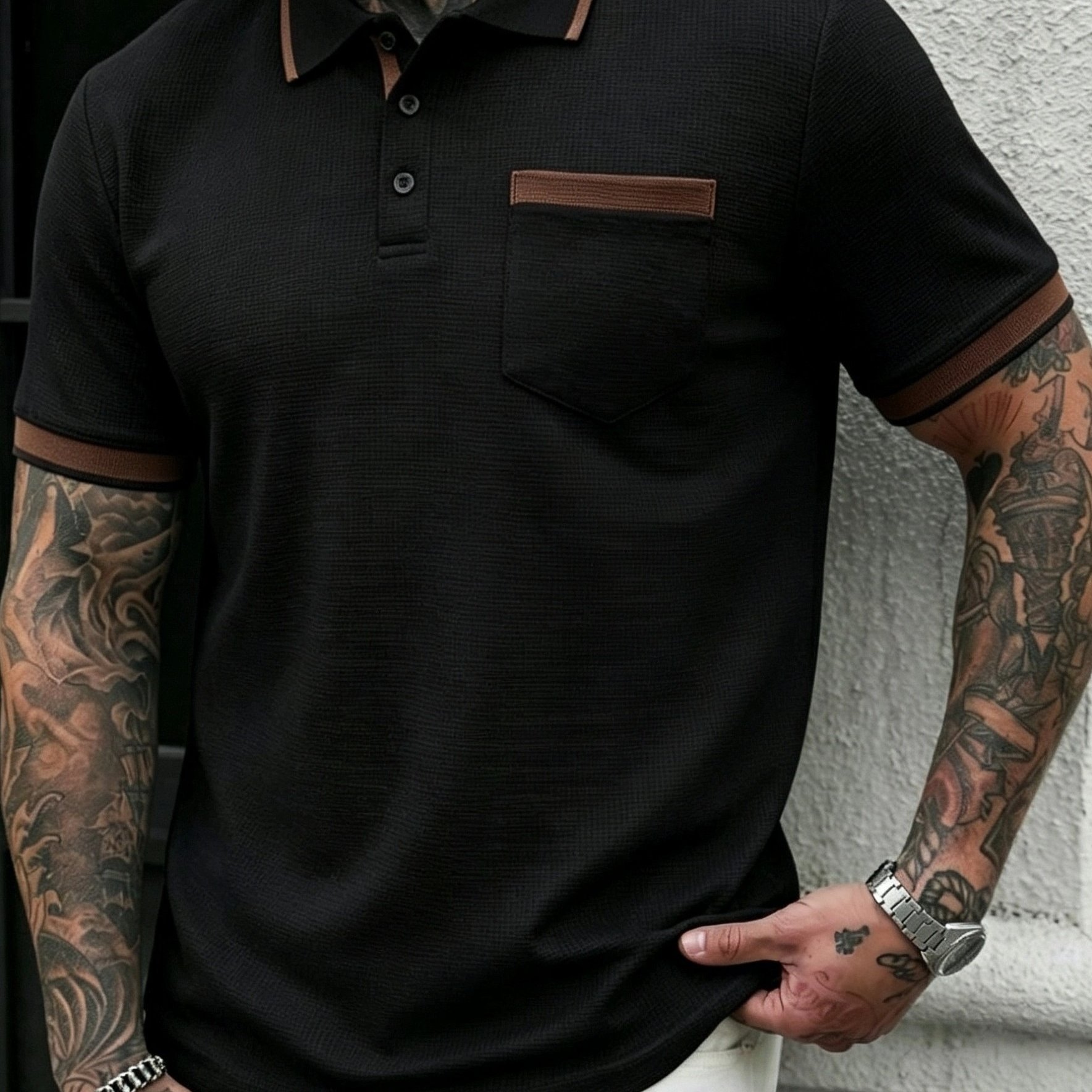 TEMU Men's Business Casual Shirt, Waffle Soft Fabric, Pocket Detail, Outdoor Casual Business Breathable Golf Shirt Trendy Men