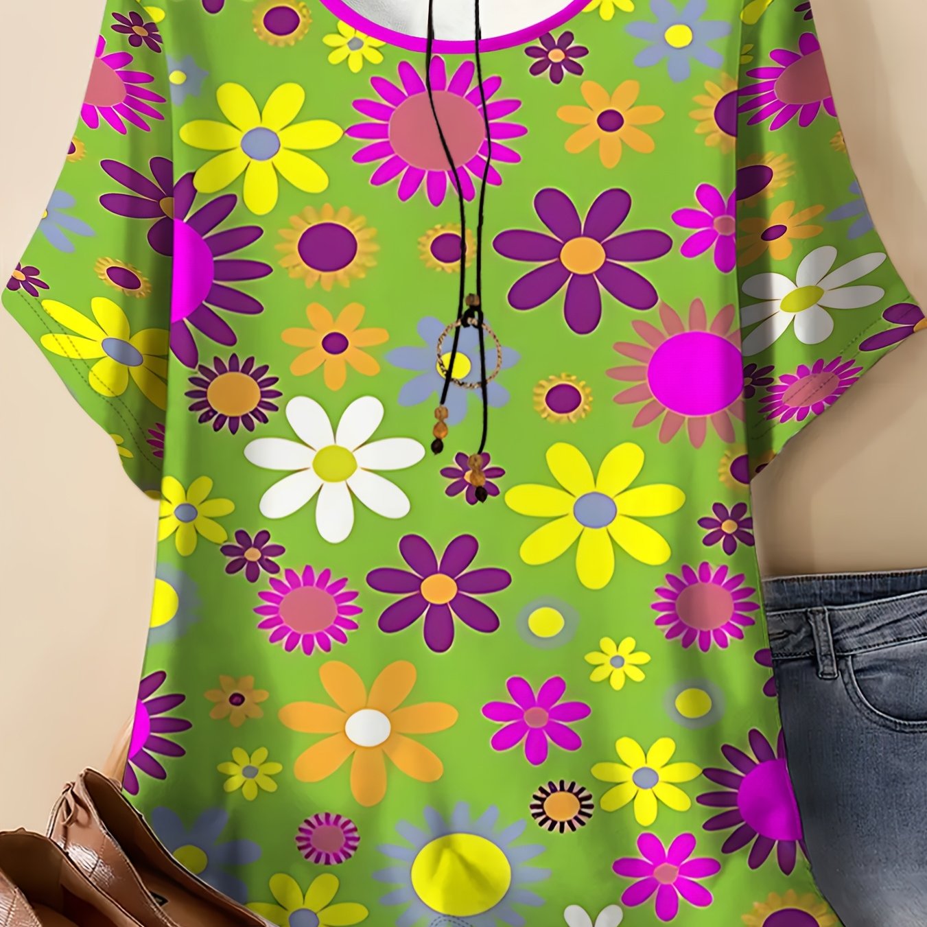 TEMU A And Colorful Daisy-themed Plus-size Women's Casual Top, Suitable For Everyday Wear. Pink Embellishments At The Neckline The High Of The