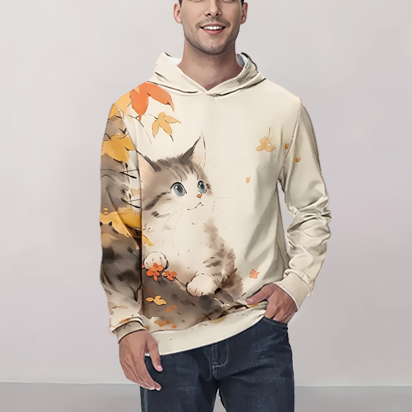 TEMU Cat Print Hoodie, Casual Long Sleeve Hooded Sweatshirt For Outdoor