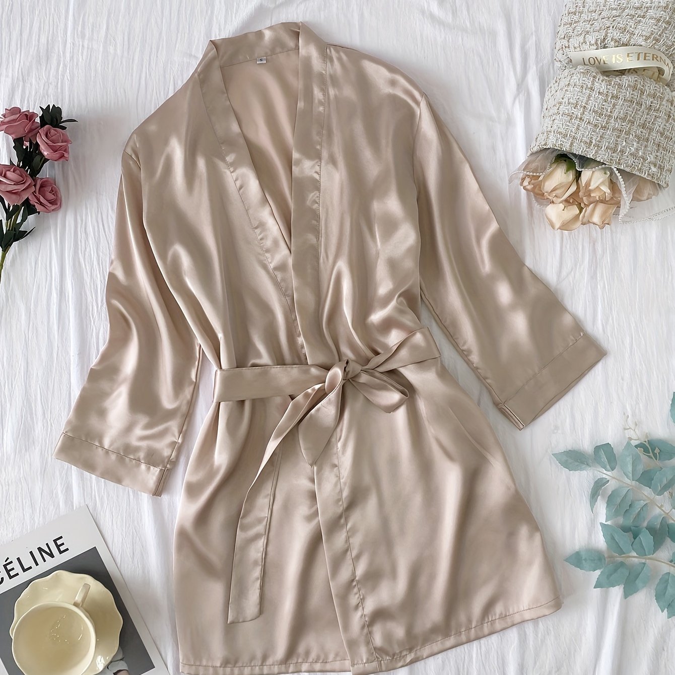 E-shop Elegante Damen Bademantel in Unifarbe - V-Ausschnitt, lange Ärmel, mit Gürtel, sexy kurzer Bademantel, Badekappe, glattes Satin-Optik,