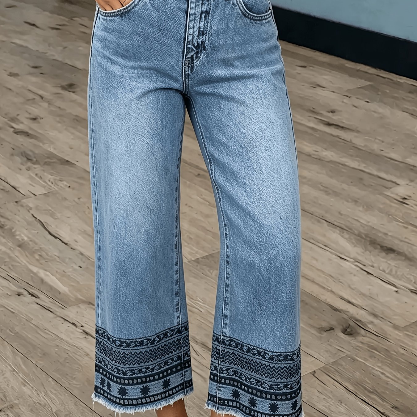TEMU Women's Plus Size Denim Pants, Ethnic Style Embroidered Skinny Straight Leg Pants