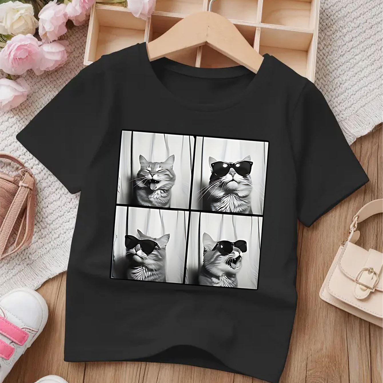 Girls' Summer Short Sleeve T-shirt With Cute Kitten Cat Print - Round Neck Casual Summer Blouse For & Little Girls, -care Kids' Top (hand Wash/dry) - Non- Summer Casual Attire & Play Outfits