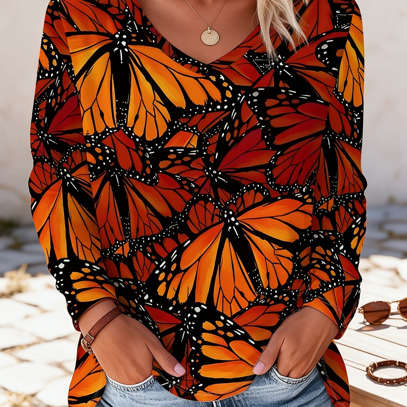 TEMU Plus Size, Plus Size Women's V-neck Long Sleeve T-shirt, Print Top, American Tropical , For Daily Shopping, , Vacations, Commuting, Home, And