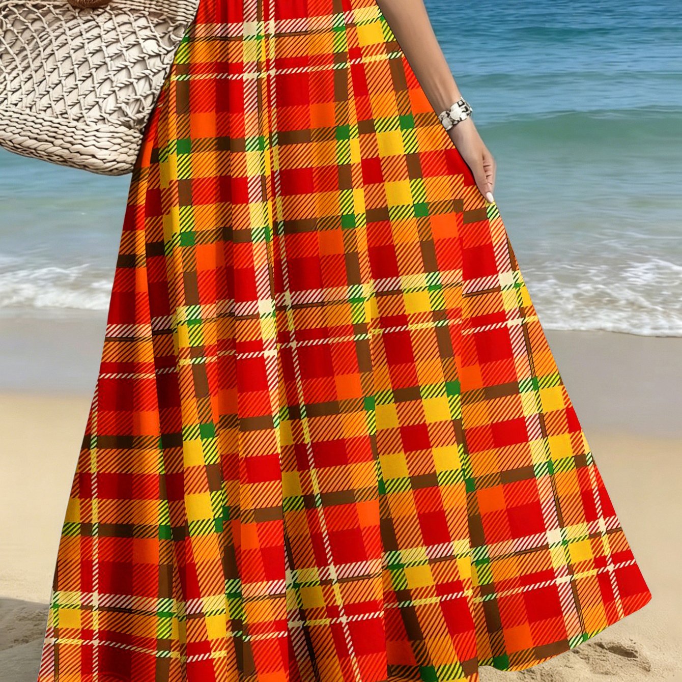 TEMU Jupe grande taille pour femmes, jupe midi imprimée décontractée, motif à carreaux rouge jaune vert, jupe pour femmes pour