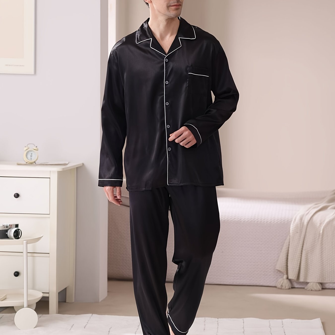 TEMU Men's New Fashionable Casual Minimalist Autumn/winter Solid Color Lapel Long Sleeve Long Pants Cardigan Pajama Set