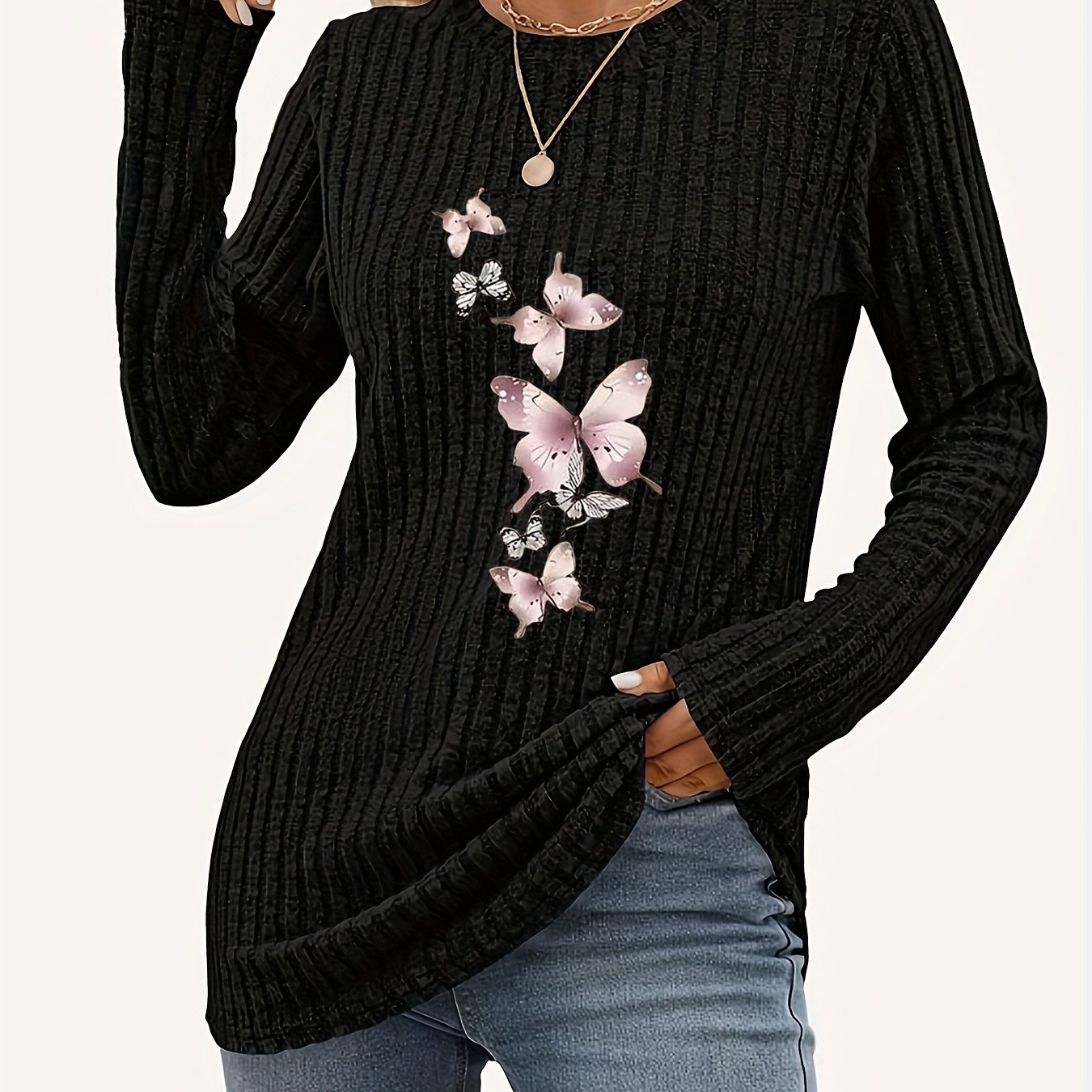 Image of Autumn Winter New Women's Elegant Round Neck Fleece Striped Print Top Long Sleeve T-shirt Warm Base Layer