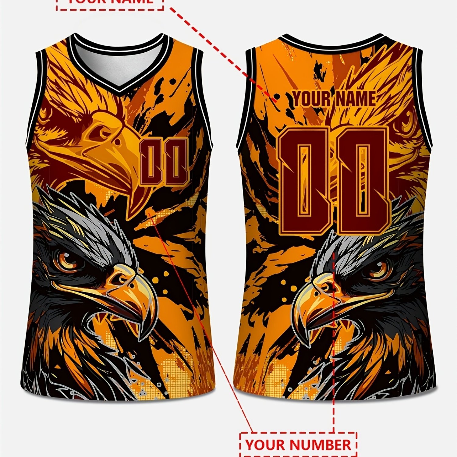 TEMU Men's Customizable Basketball Jersey - Name And Number Printable, V-neck Eagle Print Basketball Uniform, Basketball Jersey, Basketball Tank Top,