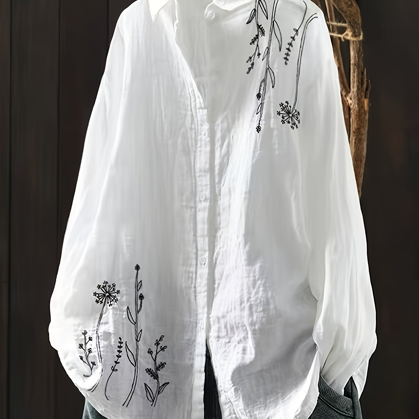 E-shop Damen Literatur Retro Bestickte Revers Weißes Langarmshirt Sommer