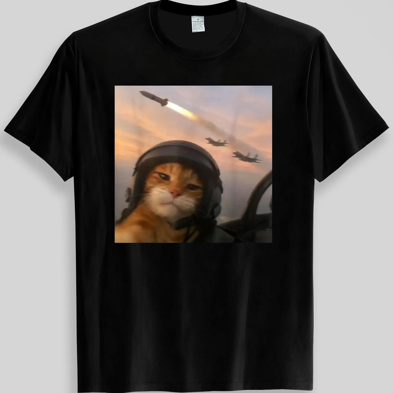 TEMU Fun Pilot Cat Pattern Short Sleeve T-shirt, Comfortable Material, Suitable For , Festival Birthday Gift