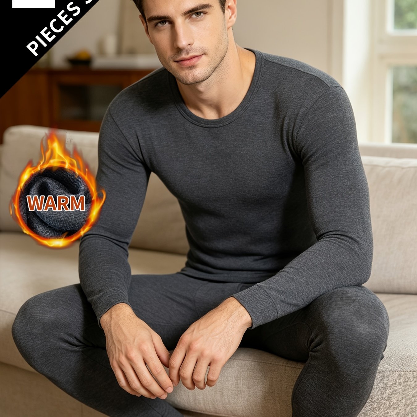 TEMU Ensemble de sous-vêtements thermiques 2 pièces pour homme, longue et pull d'automne, couche de base thermique à col ras du cou pour la chaleur