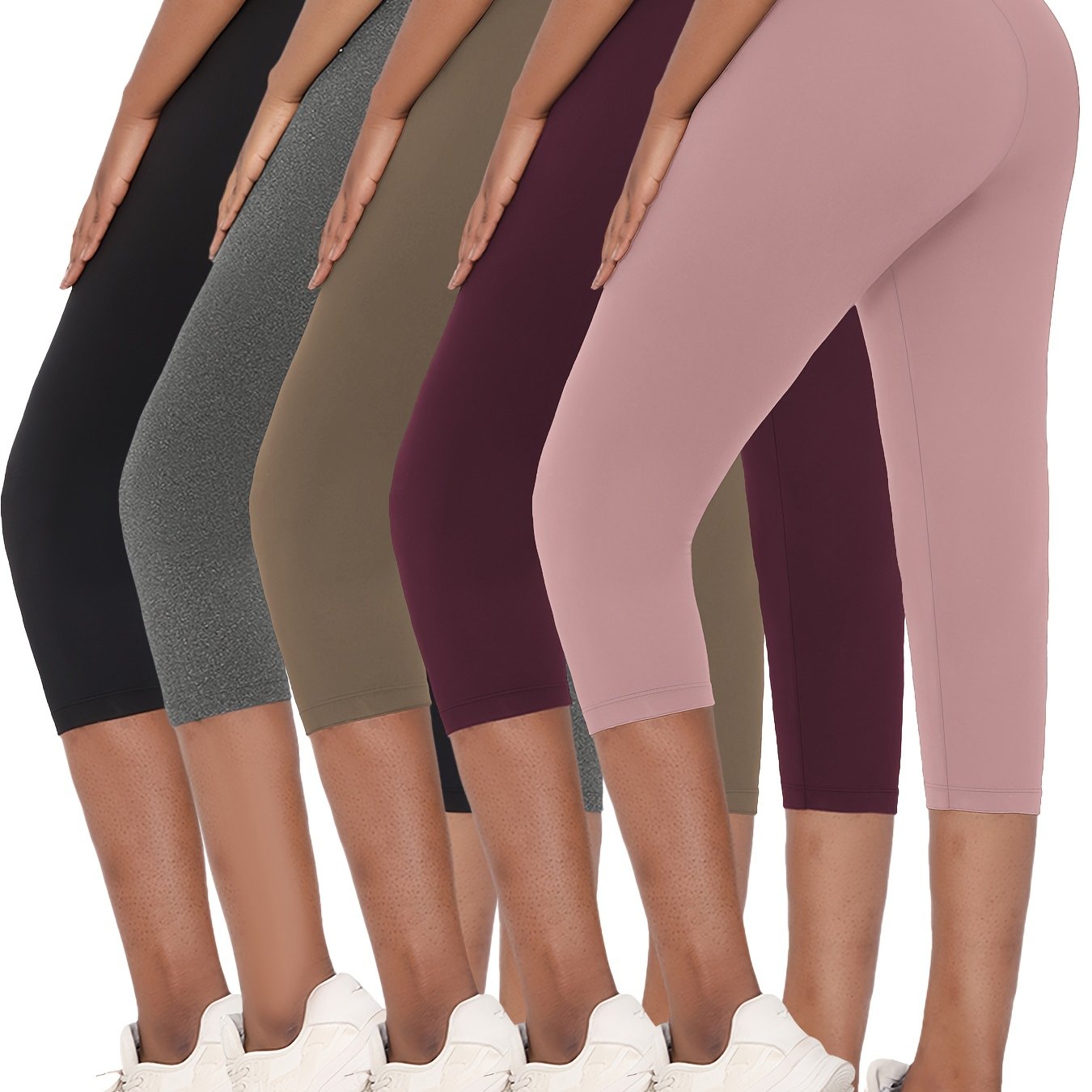 TEMU 5 Pack Women's High-elastic Capri Athletic Leggings - Full Coverage Non-see-through Workout Pants, Solid Color Yoga Running Gym Wear, 5pcs Bulk