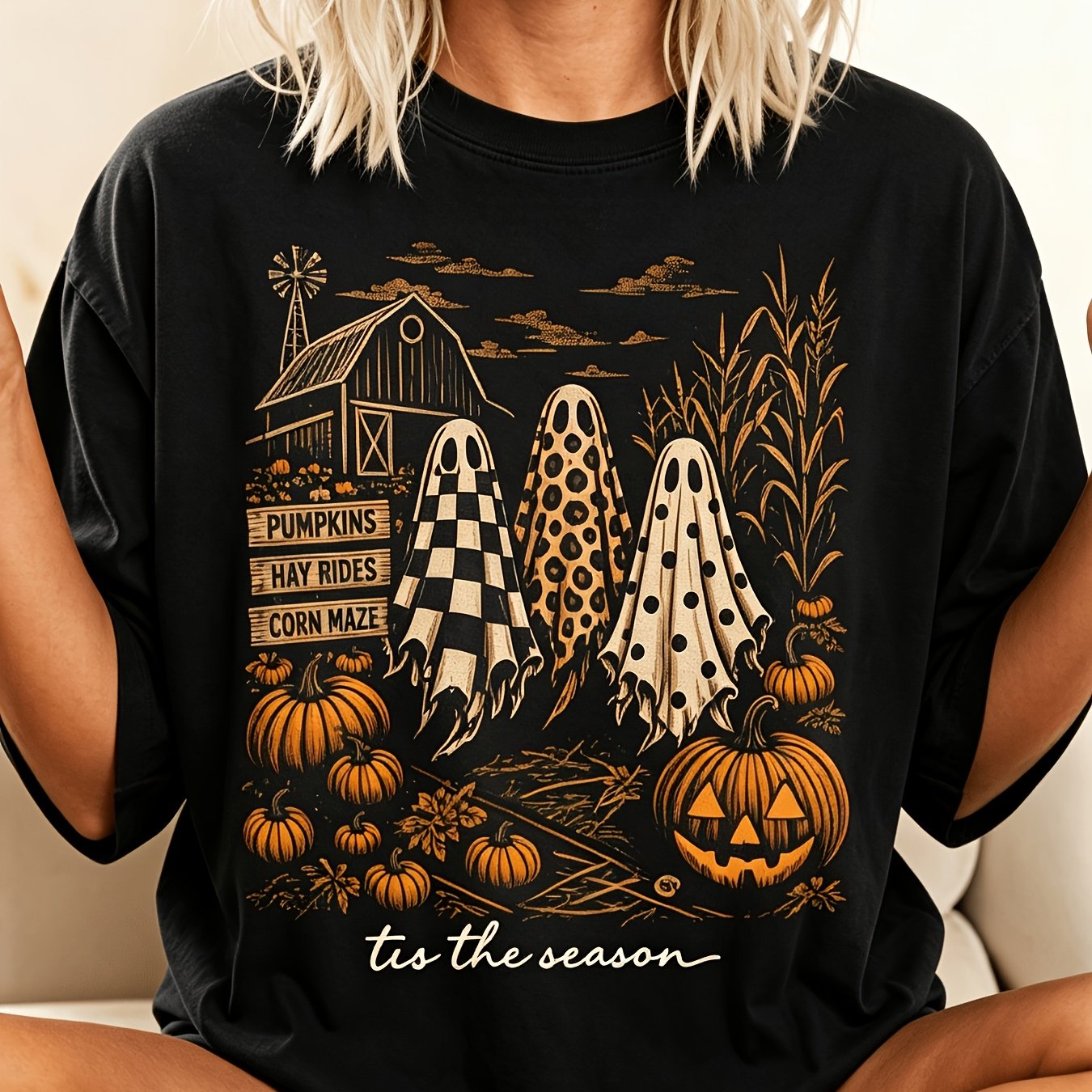 This Is The Seasonal Trio, Featuring Designs, Farmhouse Halloween, Checkered , Essential , Women's T-shirts.