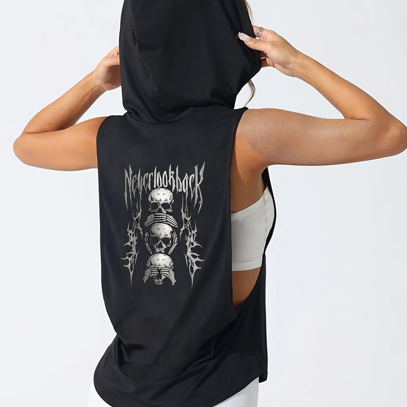 TEMU Women's Sleeveless Hooded Tank Top, Neverlookback, Featuring A Skull Print, Loose Fit, Machine Washable, Suitable For Casual And Sports Wear And