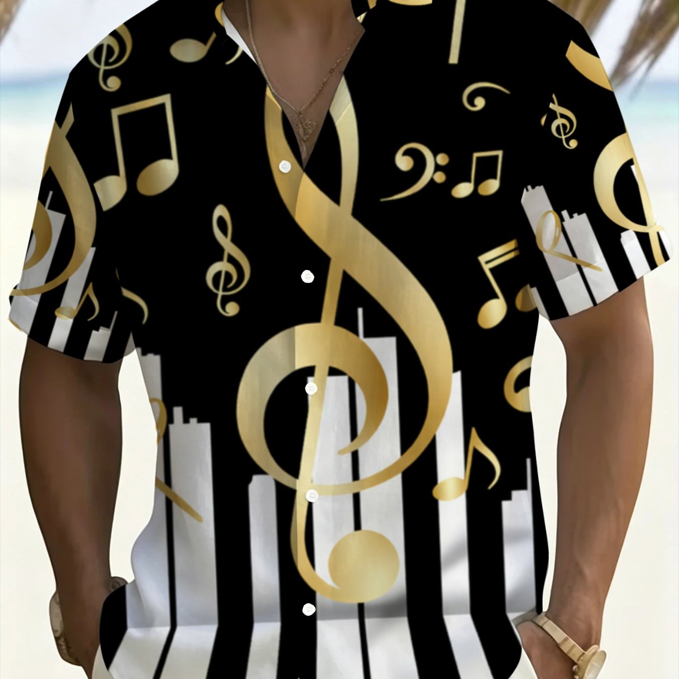 TEMU Music-themed Plus-size Short-sleeve Shirt For Men, Summer Casual Printed Shirt With Black And White Keyboard And Golden Musical , Plus Size