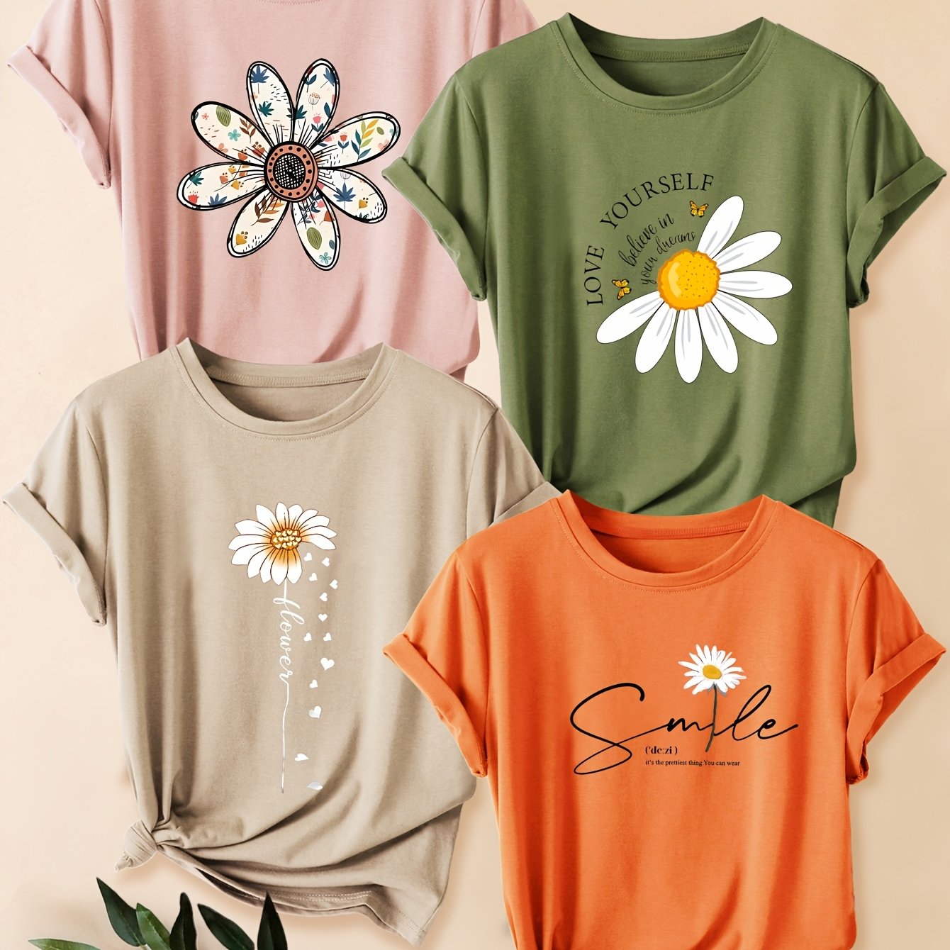 TEMU Ensemble de quatre T-shirts décontractés à manches courtes et col rond pour femmes, style vintage à motif floral marguerite