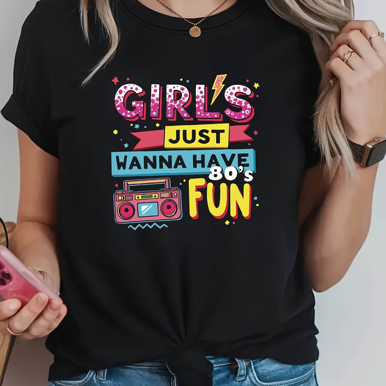 TEMU Have 80's Fun Graphic Print Women's T-shirt, Short Sleeve Crew Neck Casual Top For Summer & Spring, Women's Clothing