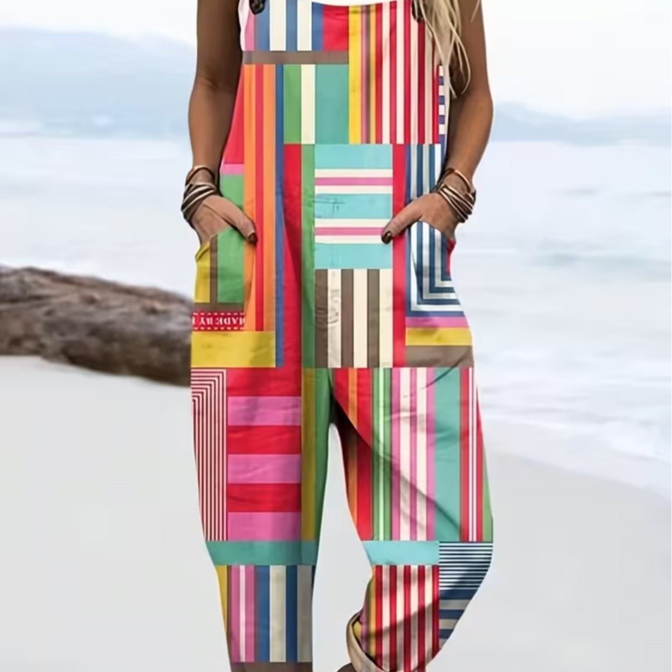 Image of Plus Size 0xl-5xl Women's Colorful Striped Print Jumpsuit, Elegant , Adjustable Casual Overalls, Loose And Style Overalls, Perfect For Spring, Summer, And Autumn