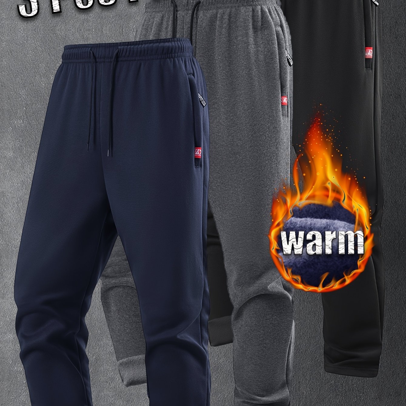 TEMU 3pcs Men's Autumn Winter Fleece-lined Straight Running Pants, Hidden Zipper Pockets And Elastic Waist Drawstring, -catching Embroidery Design,
