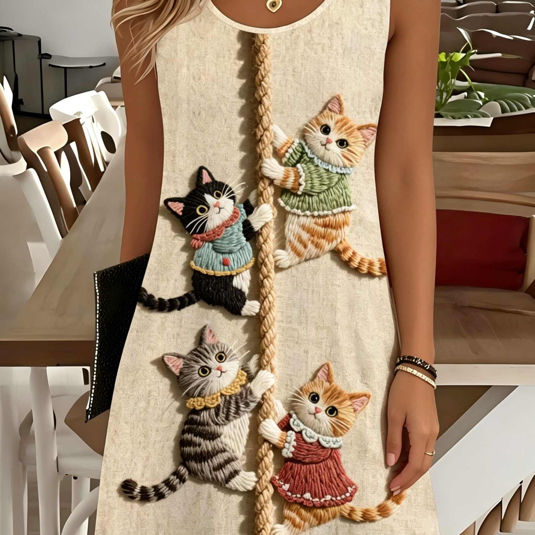 TEMU Vestido sin estilo europeo y americano con lindo estampado de gatos con de bordado , vestido versátil, adorable estampado con temática de gatos