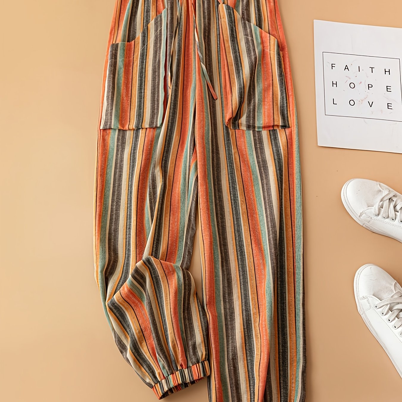 E-shop Plus Size Damen Hosen - Lebendige Mehrfarbige Horizontalstreifen, Nicht dehnbarer Stoff, Ideal für Casual Formelle Anlässe im Frühling Sommer,