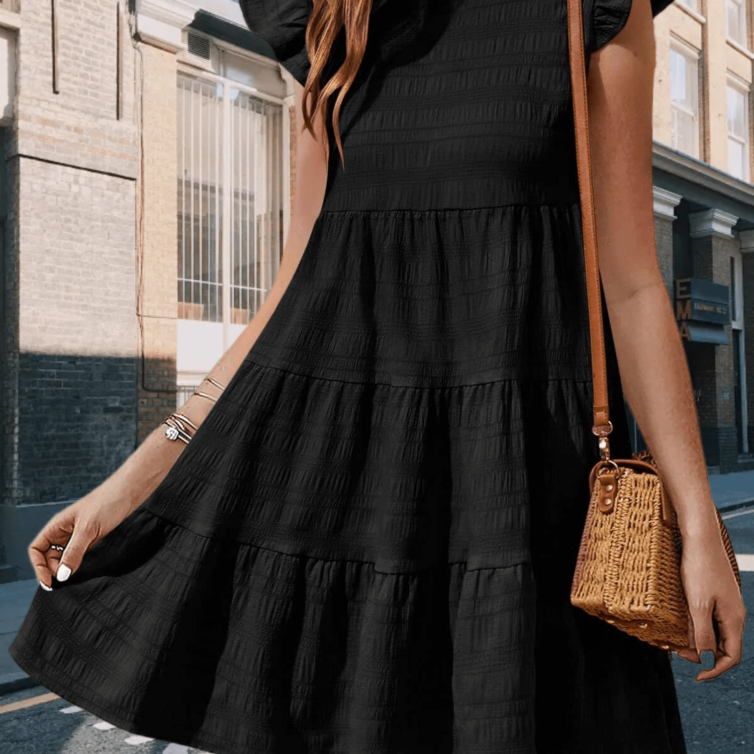 Image of Womens Flowy Babydoll Sundress Ruffle Sleeve Loose Mini Dress Casual Daily Beach Summer Outfit