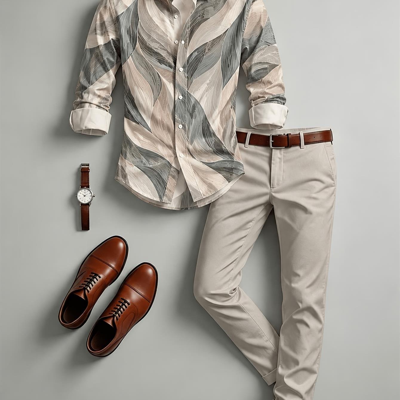 Image of New Mens Long-sleeve Collared Shirt Long Pants Set, Featuring Geometric Art Design, Suitable For Mens Home, Casual, And Outdoor Settings, Gifts, Trendy And Fashionable Mens Casual Outfit