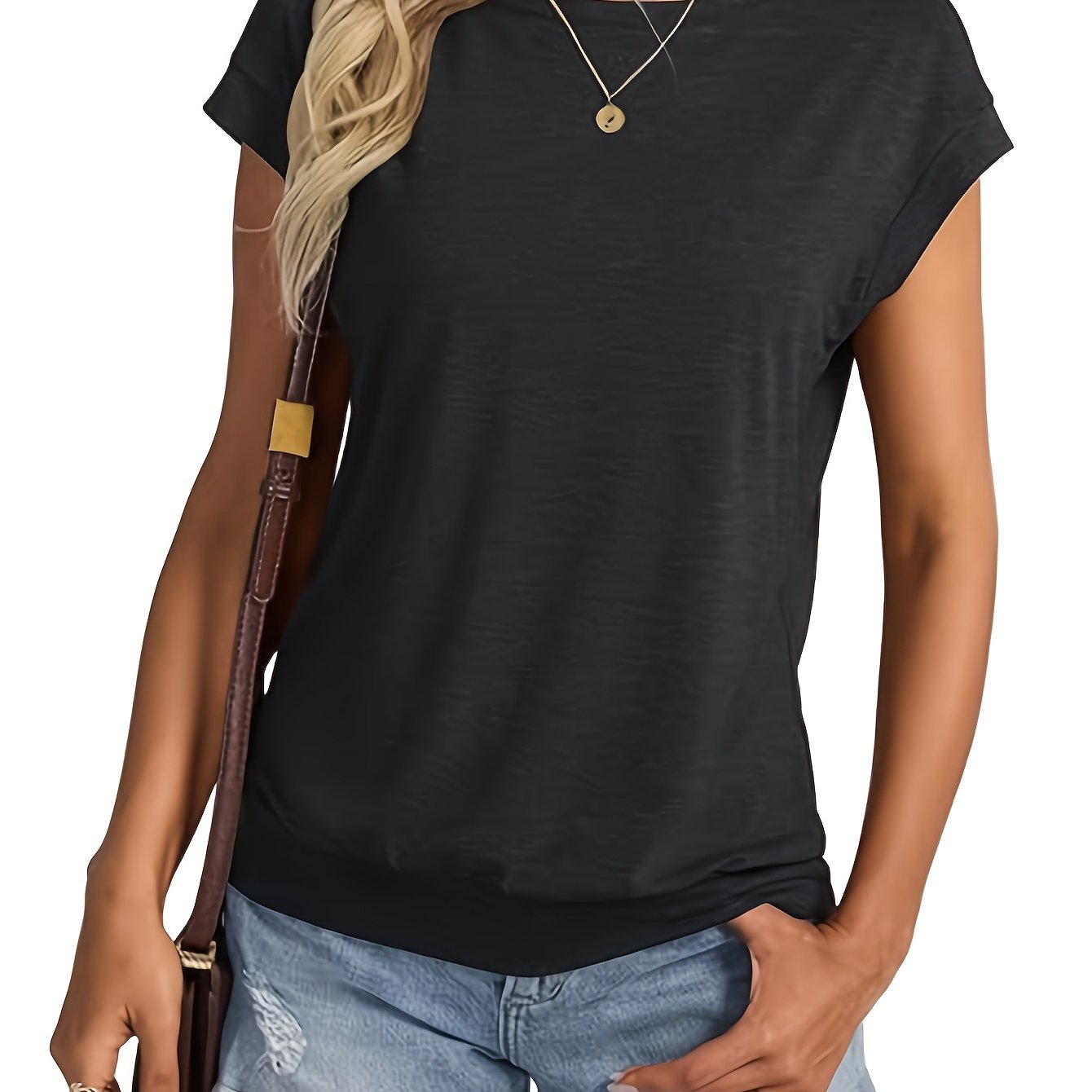 E-shop Elegantes stilvolles lässiges Basic-Kurzarm-Top für Damen, T-Shirt mit Rundhalsausschnitt verdeckten Ärmeln
