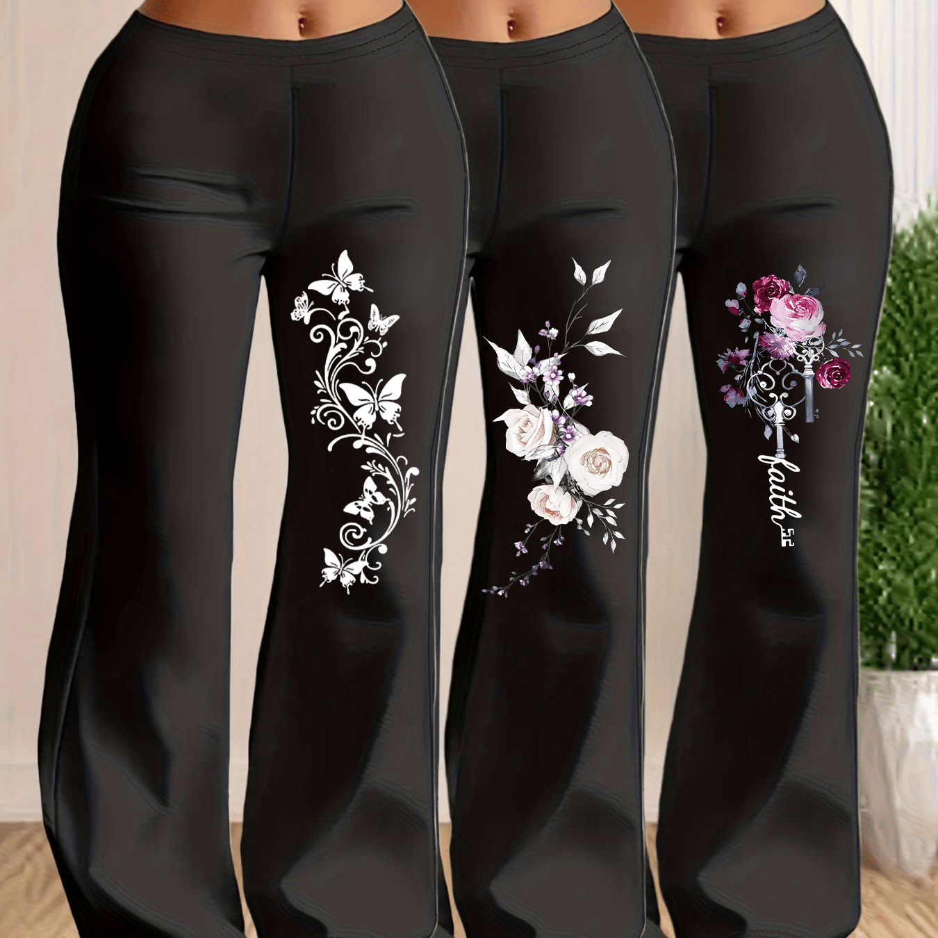TEMU Plus Size, 3pcs Women's High-waisted Bell-bottom Pants - Wide-leg Flare Leggings Suitable For, & Casual Attire - Stretch Fabric, Elegant Flare