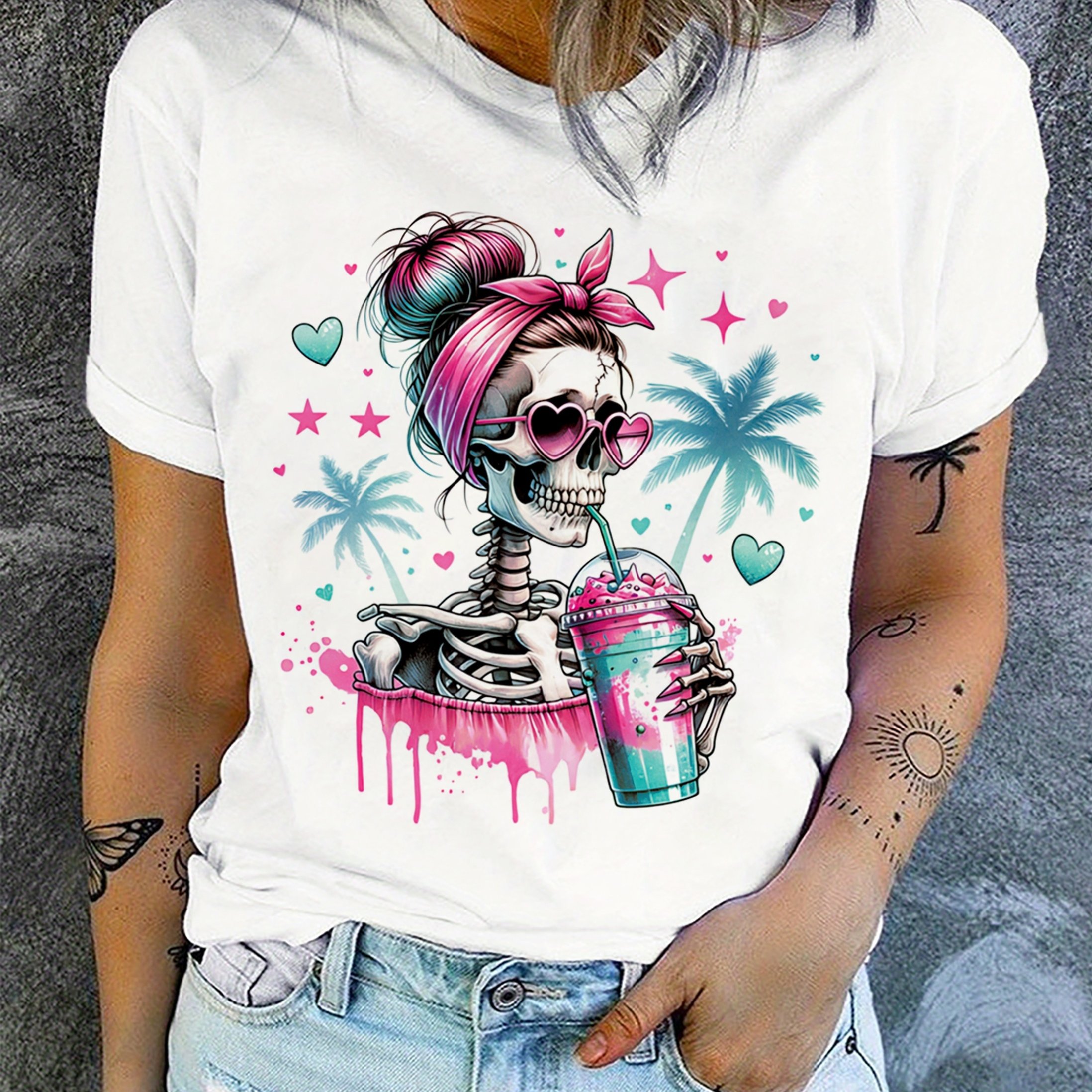 Image of Halloween Coconut Tree Skull Head Breathable Printed Round Neck T-shirt Casual Shirt New Women's Holiday Costume Top