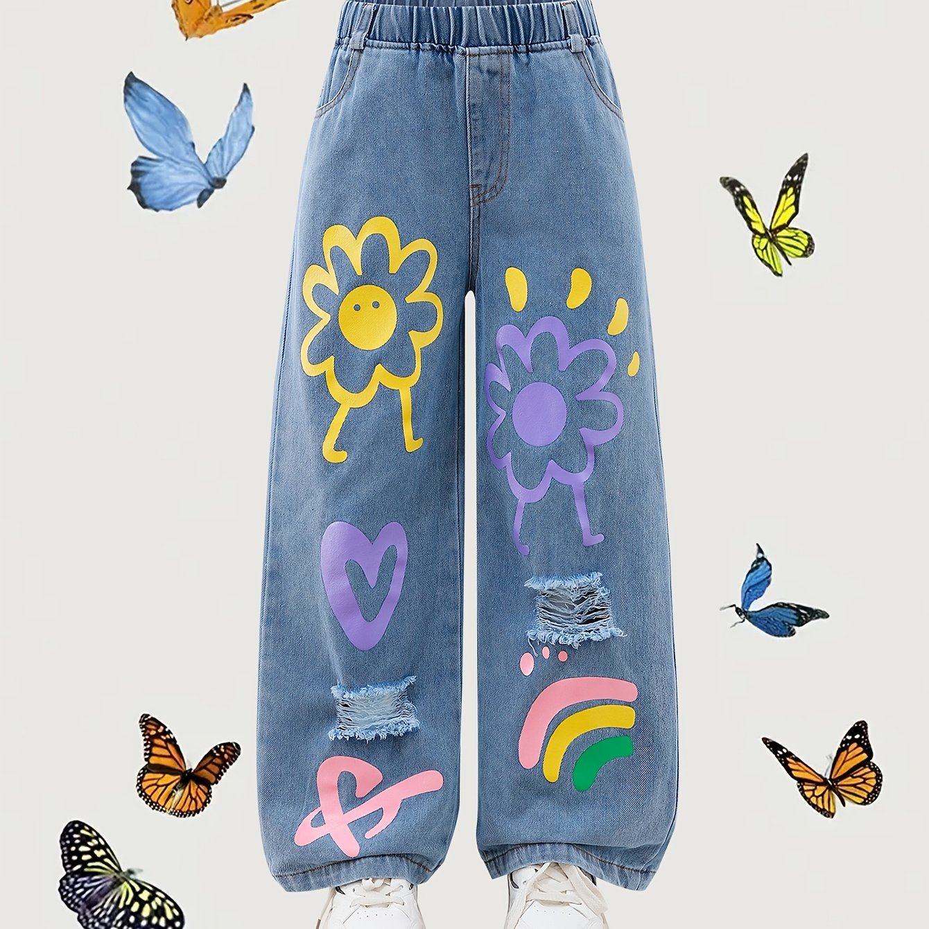 Girl's Graffiti Print Ripped Loose Wide-leg Jeans, Cute Street Style
