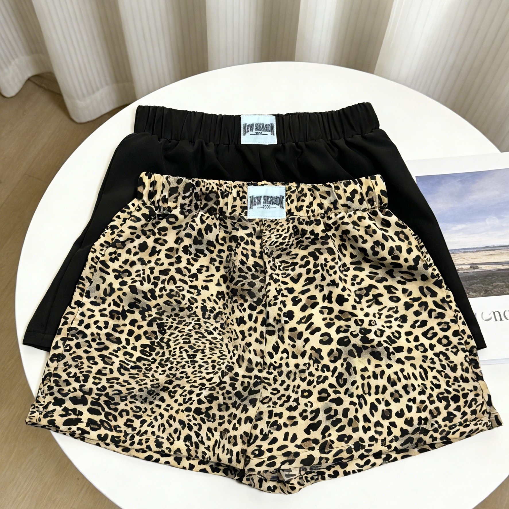 TEMU A Two-piece Set Featuring Casual Shorts In Leopard Print And Black, Designed With An Elastic Waistband And A High-waisted, Loose Fit