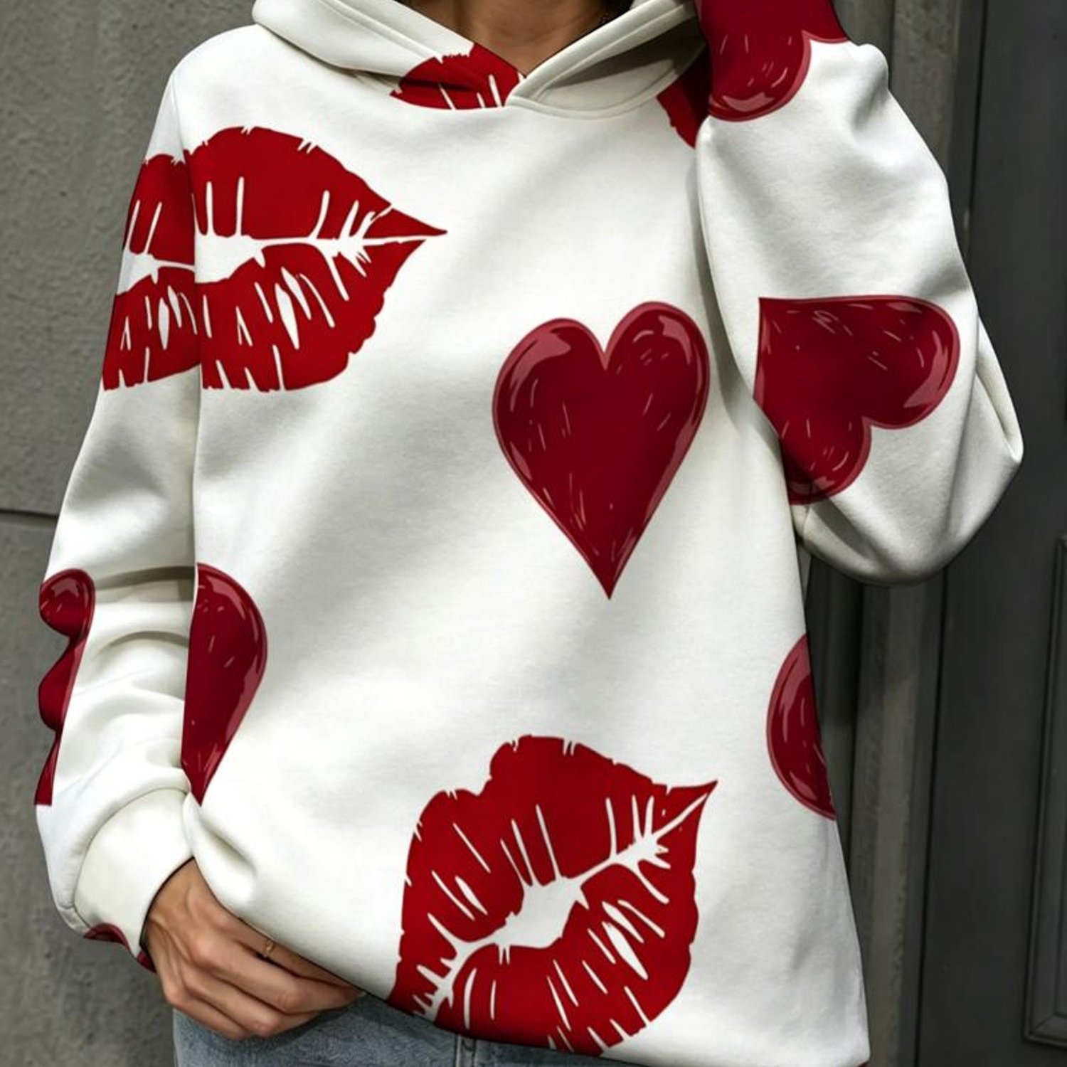 TEMU Printed Design - Not Textured Romantic Sweet Red Lip Heart Pattern Women's Sweatshirt, Date Out Shopping Casual Wear
