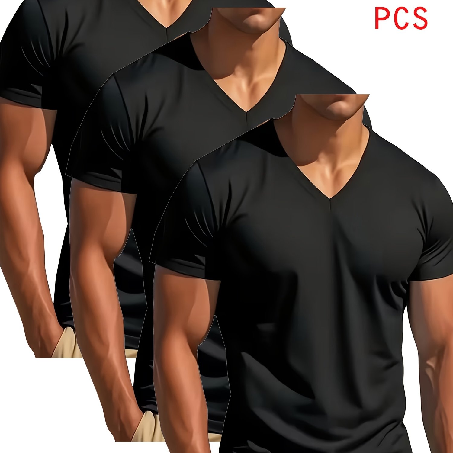 E-shop 3er-Pack Herren V-Ausschnitt T-Shirts - Atmungsaktive Kurzarm-Shirts mit Slim Fit, Stretch-Stoff für Training, Fitnessstudio - Uni-Farben