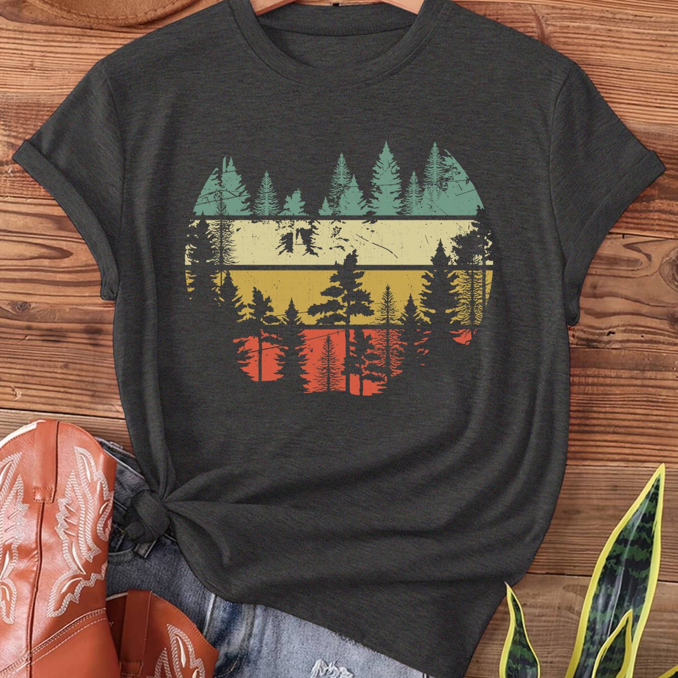 TEMU T-Shirt Rétro pour Femmes avec Imprimé de et Arbres de Forêt - Manches Courtes, Col Rond, Confort Toutes Saisons, Lavable en Machine, Vêtement