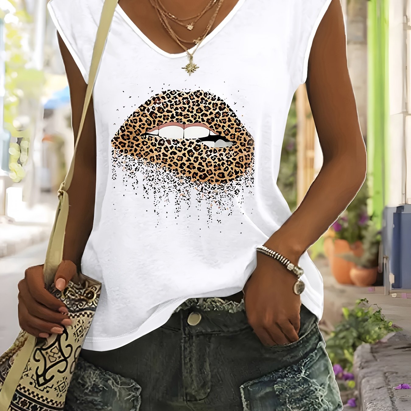 E-shop Plus Size Damen V-Ausschnitt Leopard Lippen Buchstaben Druck Tank Top - Dehnbares Ärmelloses Sommer- & Frühlingsoberteil, Maschinenwaschbares