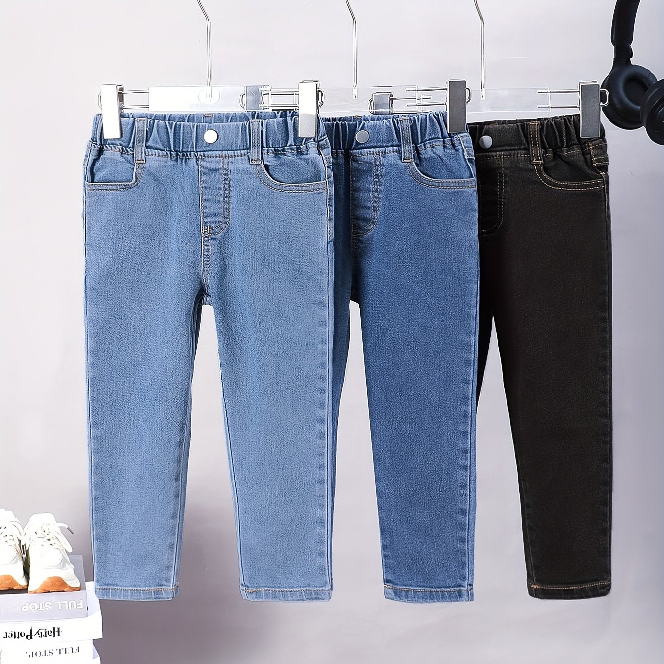 Three-pack Unisex Slant Pocket Elastic Waist Casual Denim Pants For