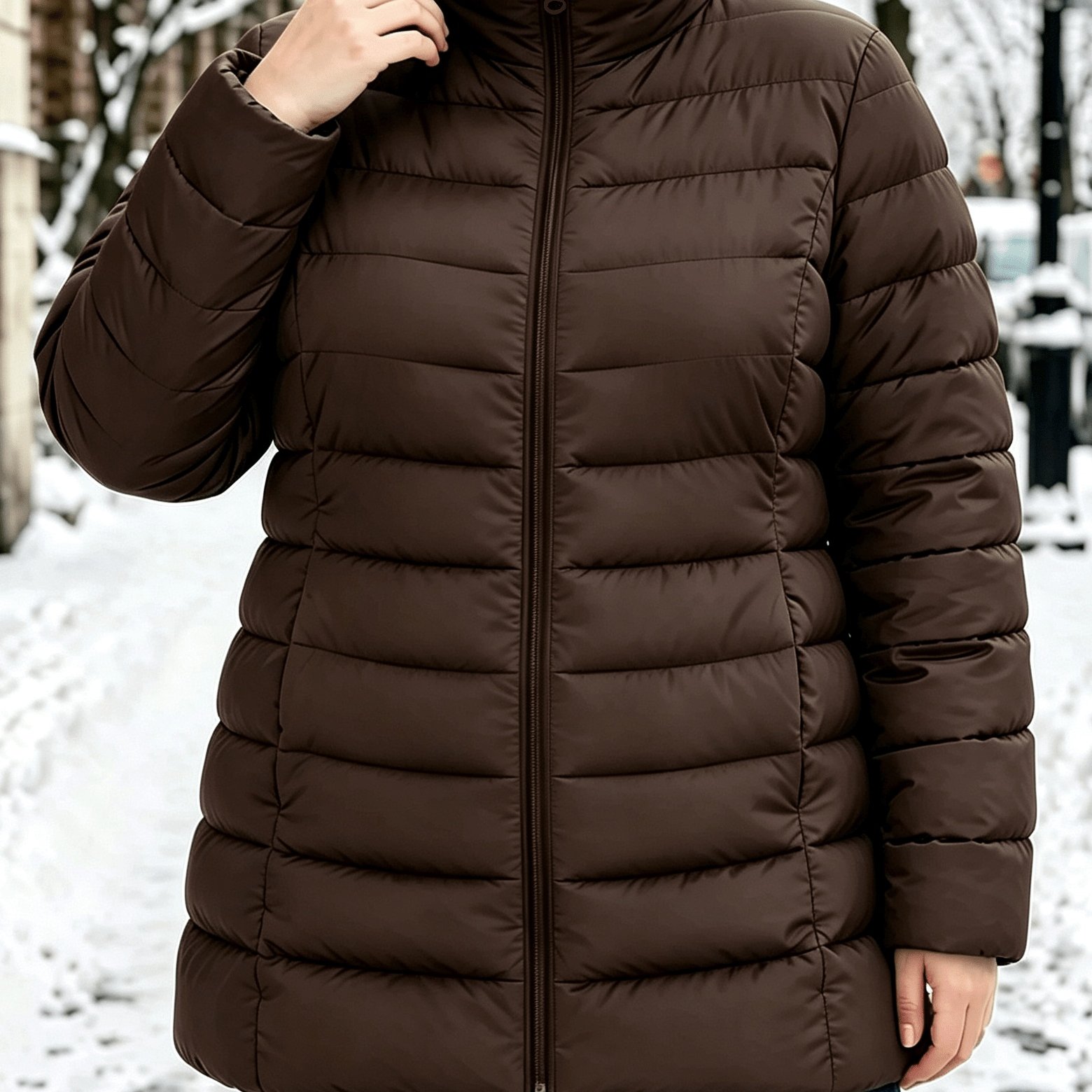 TEMU Veste Grande Taille pour Femme Automne/Hiver, Couleur Unie, Col Montant, à Fermeture Éclair avec Poches Zippées, Vêtement d'Extérieur -Froid