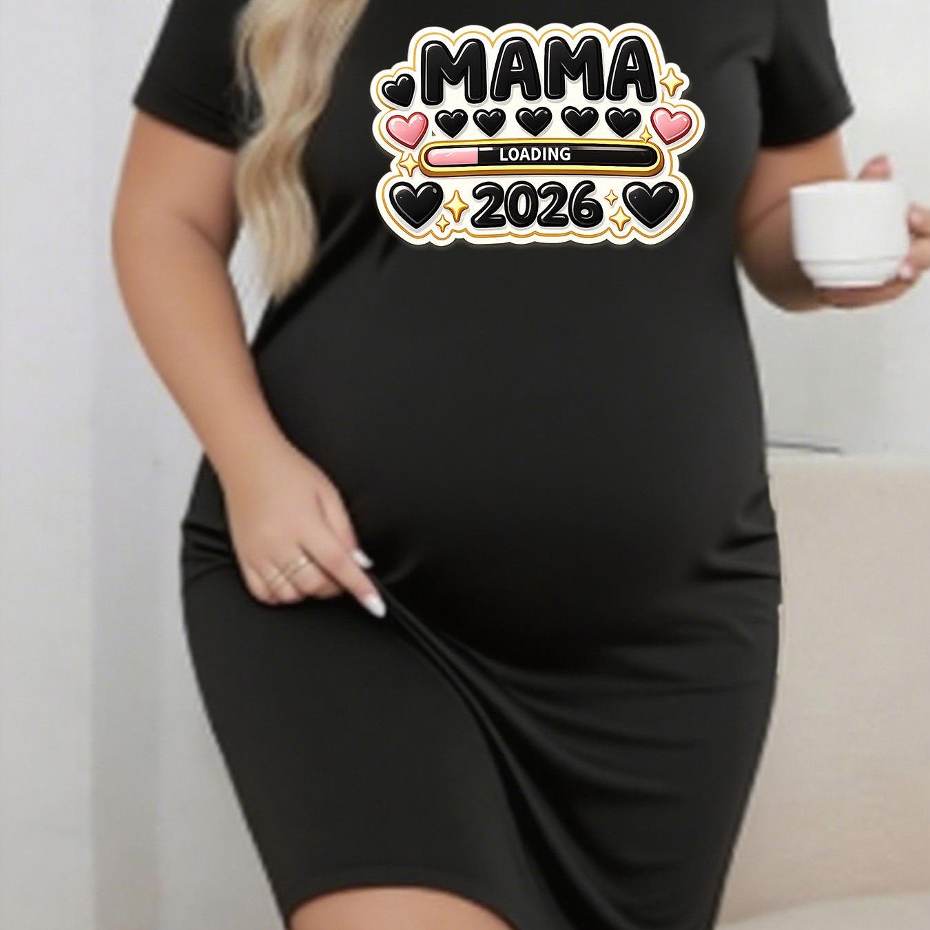 TEMU Maternity Short-sleeved Round Neck Printed Dress "mama Loading 2026" Fashion Trend Spring Summer Autumn Dress
