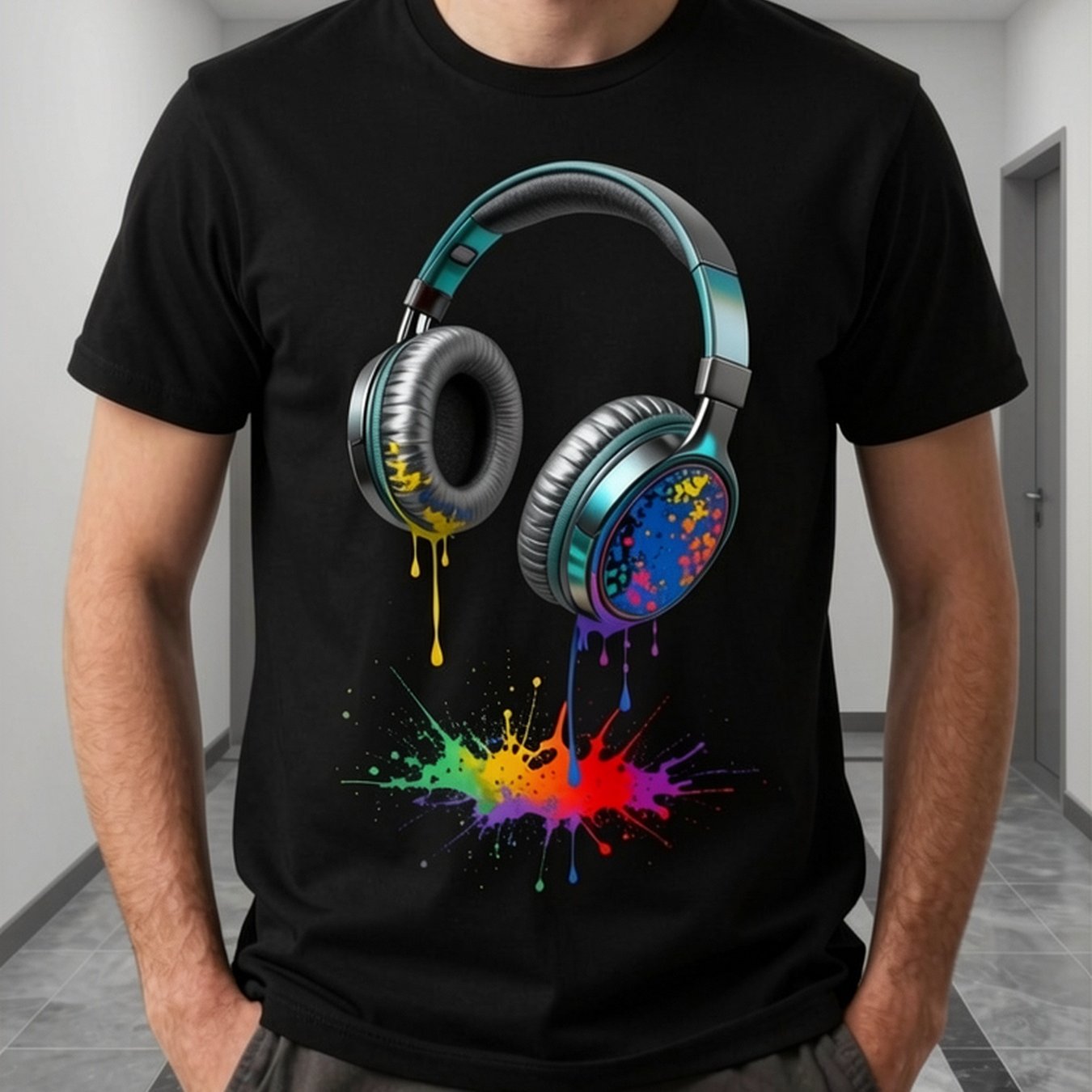 1pc Men's Dj Music T-shirt With 3d & Headphone Splatter Graphic, Headphones Print Round Neck Short Sleeve Tee, Machine Washable Suitable For Music Production, Studio & Casual Wear, Fit For Djs And