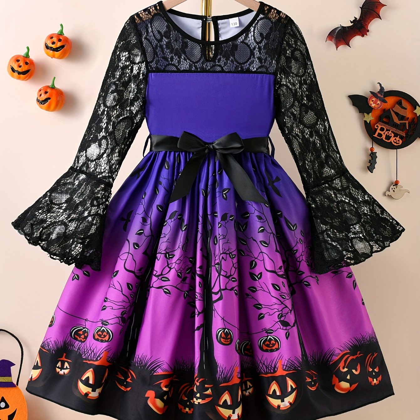 Girls' Autumn New Halloween Element Print Lace Long Sleeve And Ribbon Fashion Dress - For Girls' Halloween Gifts