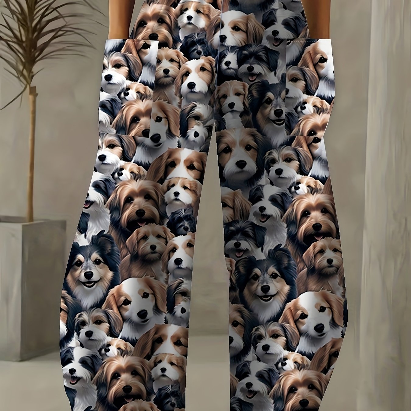 TEMU Plus Size, Women's Plus Size Wide-leg Trousers With Dog Print - Full-length Pockets, Non-stretch Trousers For Wear, Elegant Casual & Pants